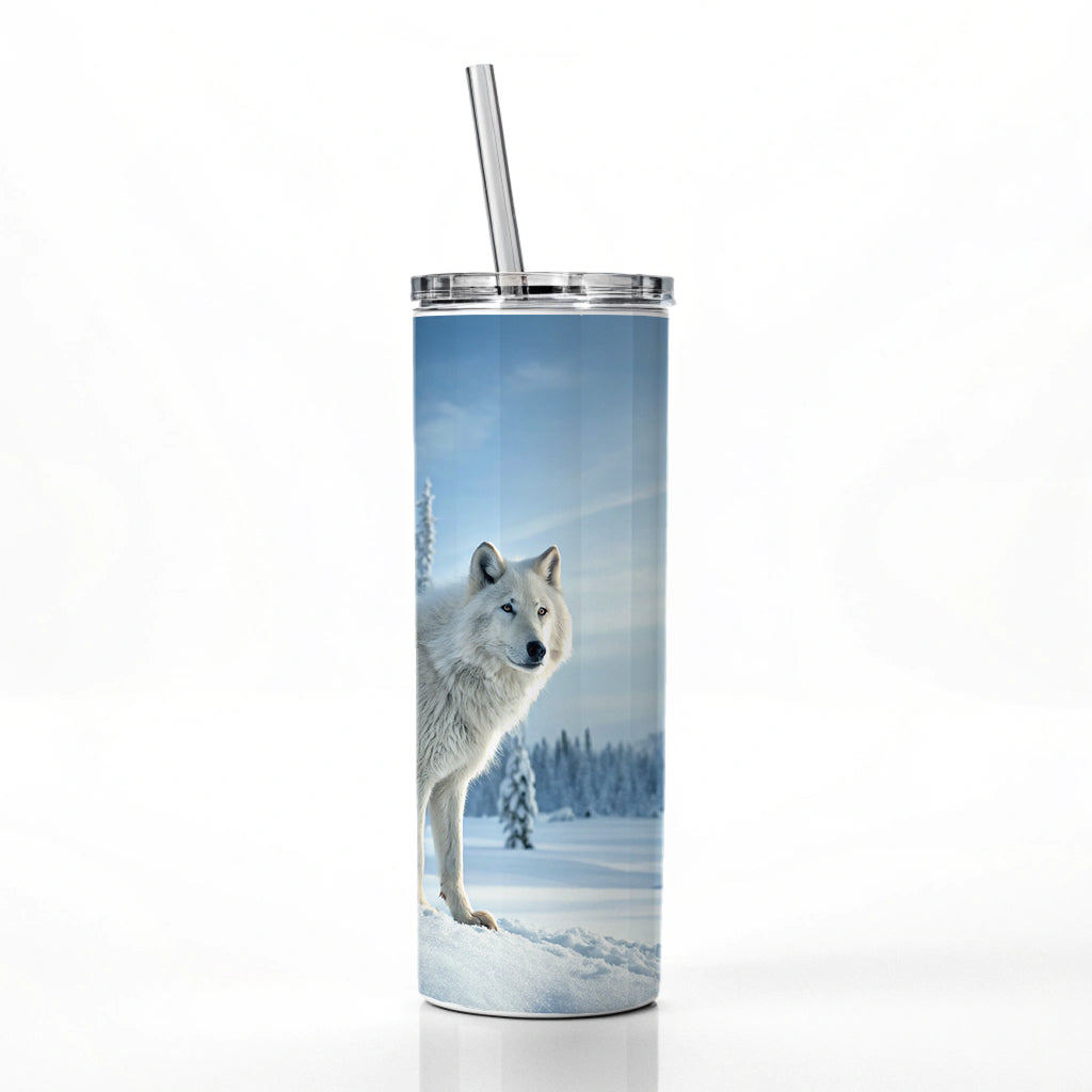 Wolf In Snow Scene Beautiful Skinny Tumbler 20oz with Straw Insulated Water Bottle Gift