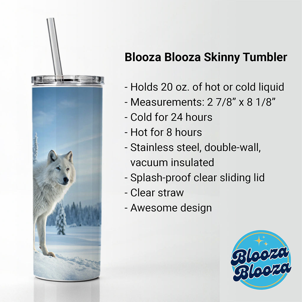 Wolf In Snow Scene Beautiful Skinny Tumbler 20oz with Straw Insulated Water Bottle Gift