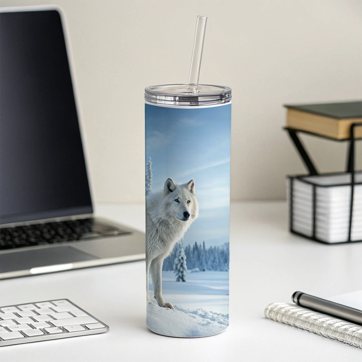 Wolf In Snow Scene Beautiful Skinny Tumbler 20oz with Straw Insulated Water Bottle Gift