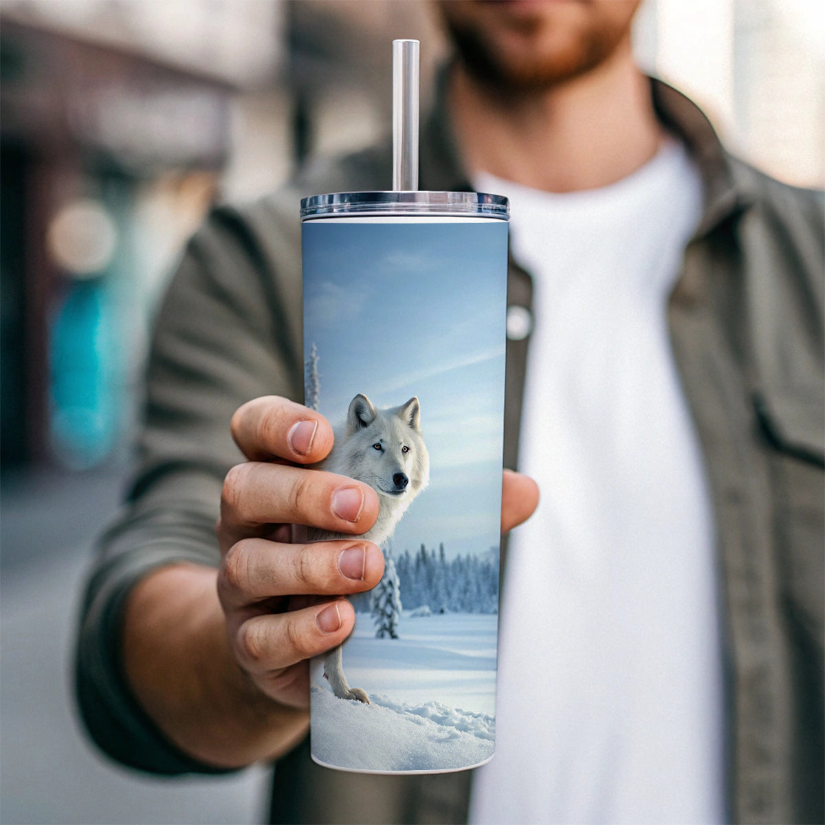 Wolf In Snow Scene Beautiful Skinny Tumbler 20oz with Straw Insulated Water Bottle Gift