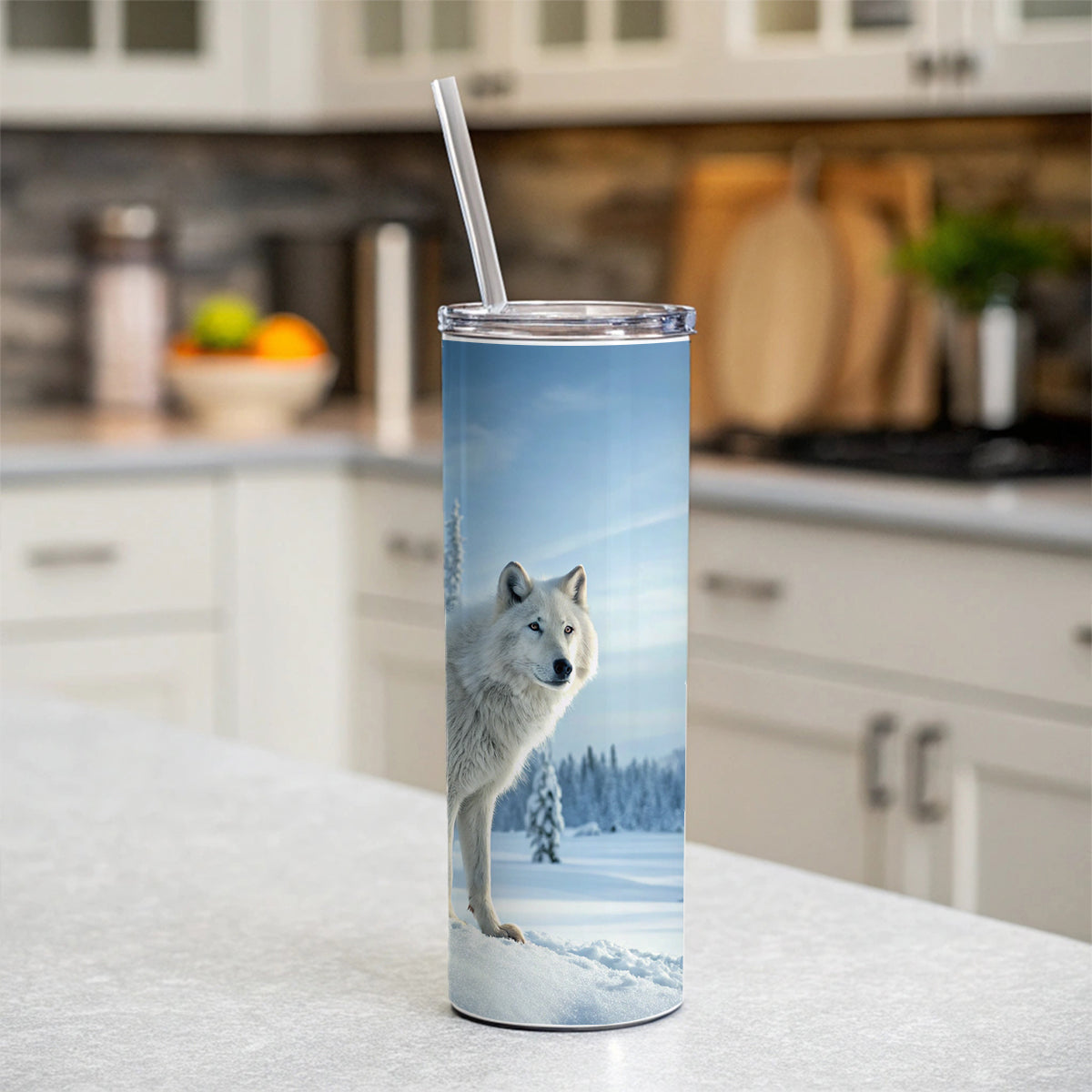 Wolf In Snow Scene Beautiful Skinny Tumbler 20oz with Straw Insulated Water Bottle Gift