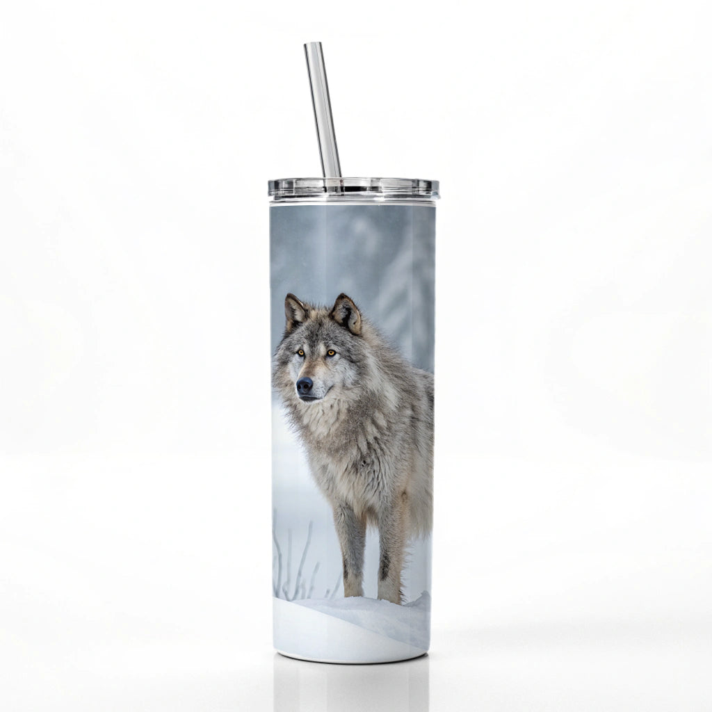 Wolf In Snow Scene Stunning Skinny Tumbler 20oz with Straw Insulated Water Bottle Gift