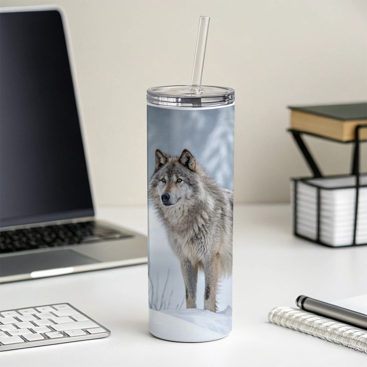 Wolf In Snow Scene Stunning Skinny Tumbler 20oz with Straw Insulated Water Bottle Gift