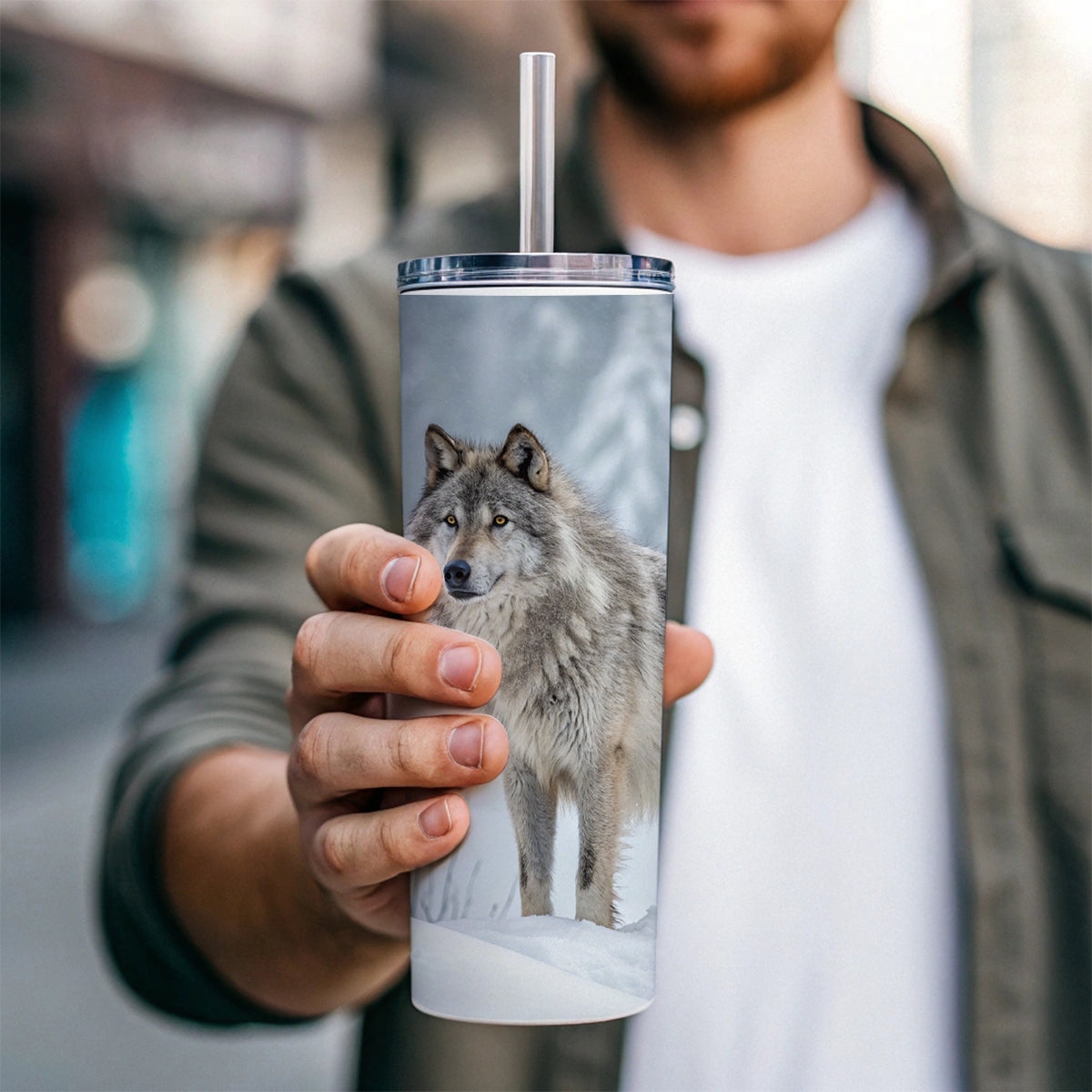 Wolf In Snow Scene Stunning Skinny Tumbler 20oz with Straw Insulated Water Bottle Gift