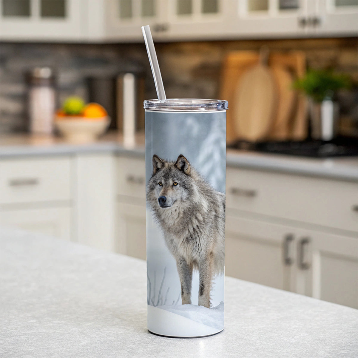 Wolf In Snow Scene Stunning Skinny Tumbler 20oz with Straw Insulated Water Bottle Gift