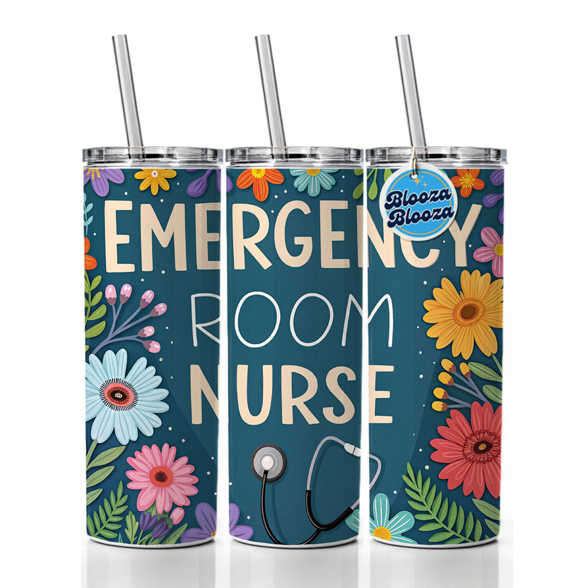 Emergency Room Nurse Appreciation Stethoscope Flowers Skinny Tumbler 20oz with Straw Insulated Water Bottle Gift