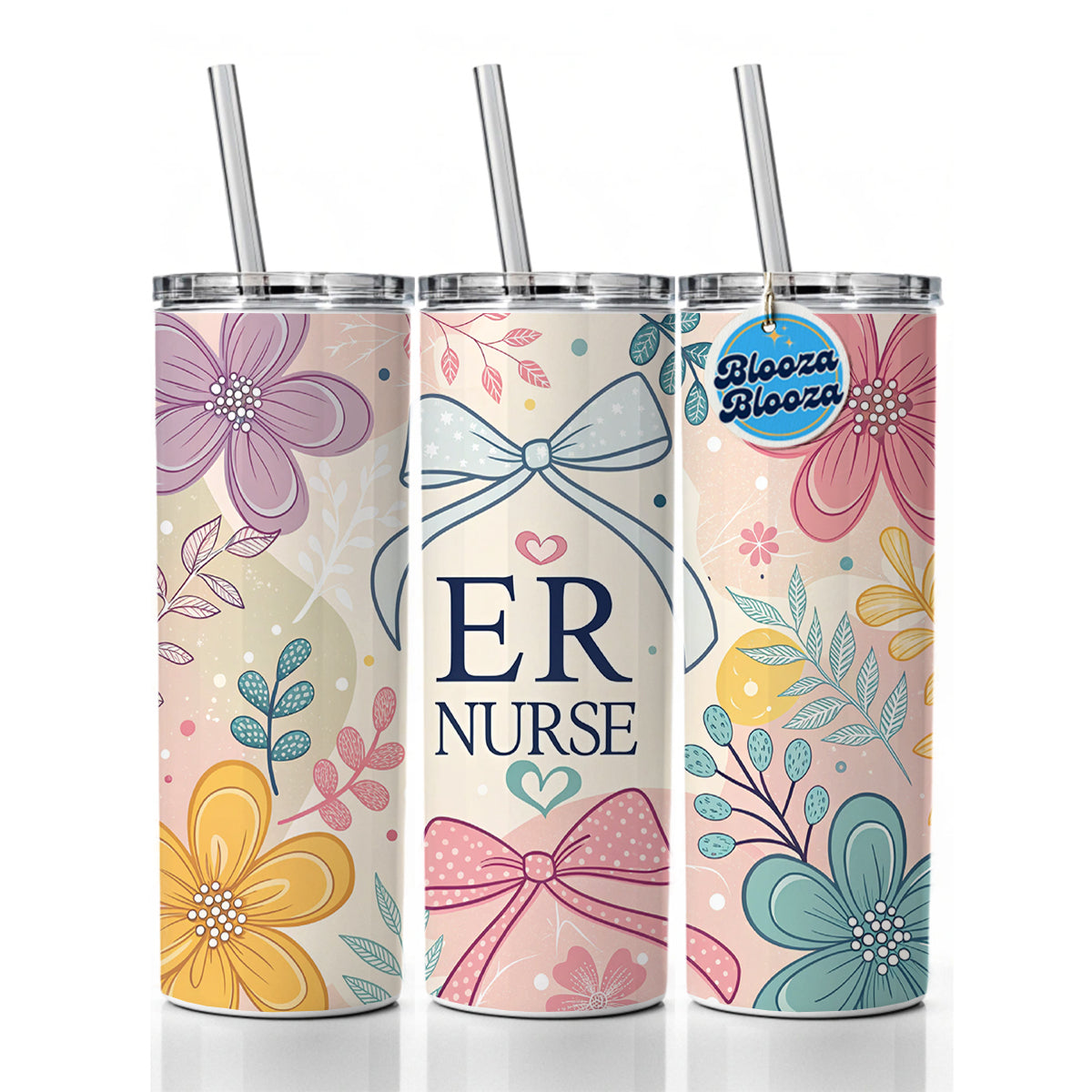 ER Emergency Room Nurse Appreciation Coquette Bows Flowers Skinny Tumbler 20oz with Straw Insulated Water Bottle Gift