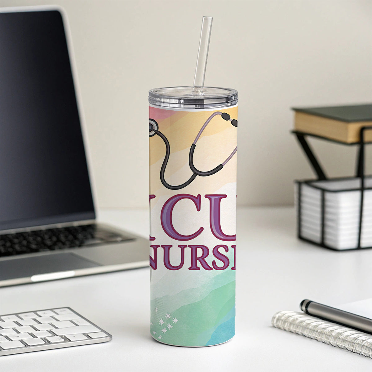 ICU Nurse Appreciation Stethoscope Flowers Floral Skinny Tumbler 20oz with Straw Insulated Water Bottle Gift