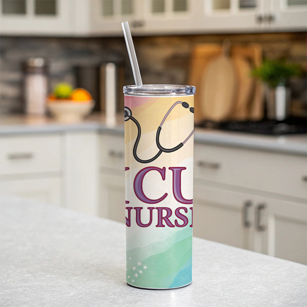 ICU Nurse Appreciation Stethoscope Flowers Floral Skinny Tumbler 20oz with Straw Insulated Water Bottle Gift