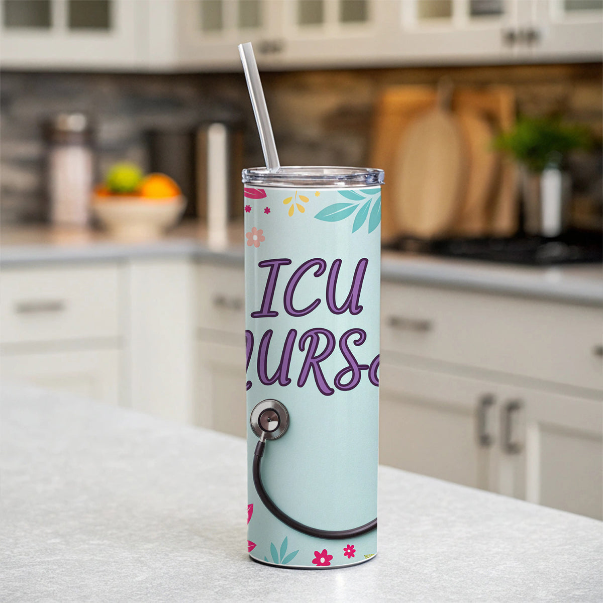 ICU Nurse Appreciation Stethoscope Flowers Skinny Tumbler 20oz with Straw Insulated Water Bottle Gift