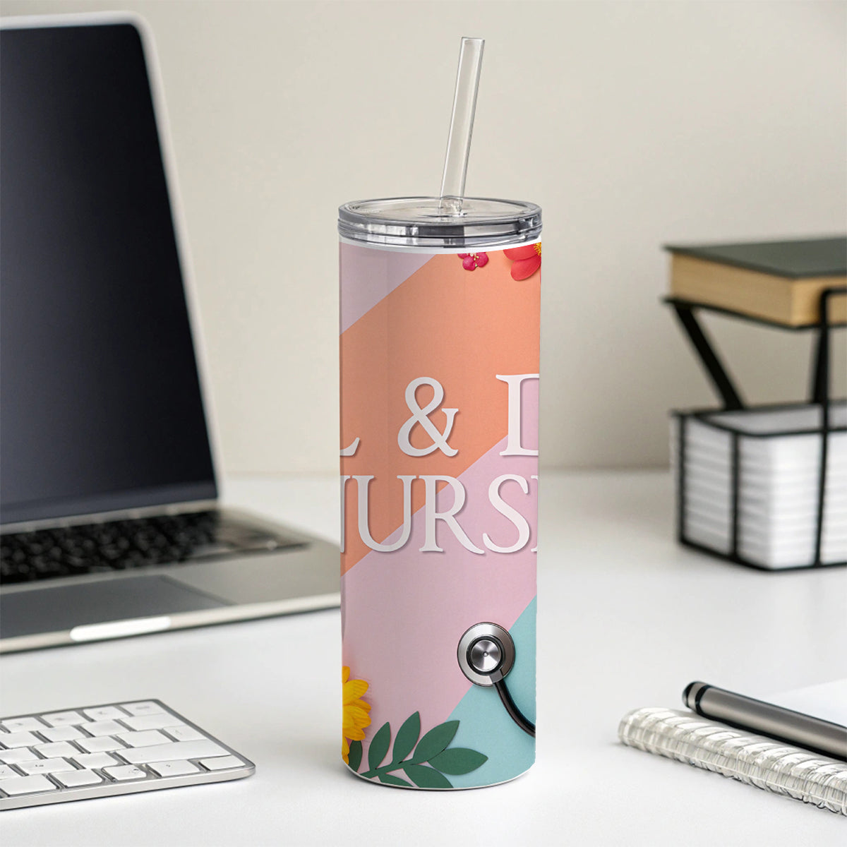 L & D Labor And Delivery Nurse Appreciation Stethoscope Flowers Skinny Tumbler 20oz with Straw Insulated Water Bottle Gift