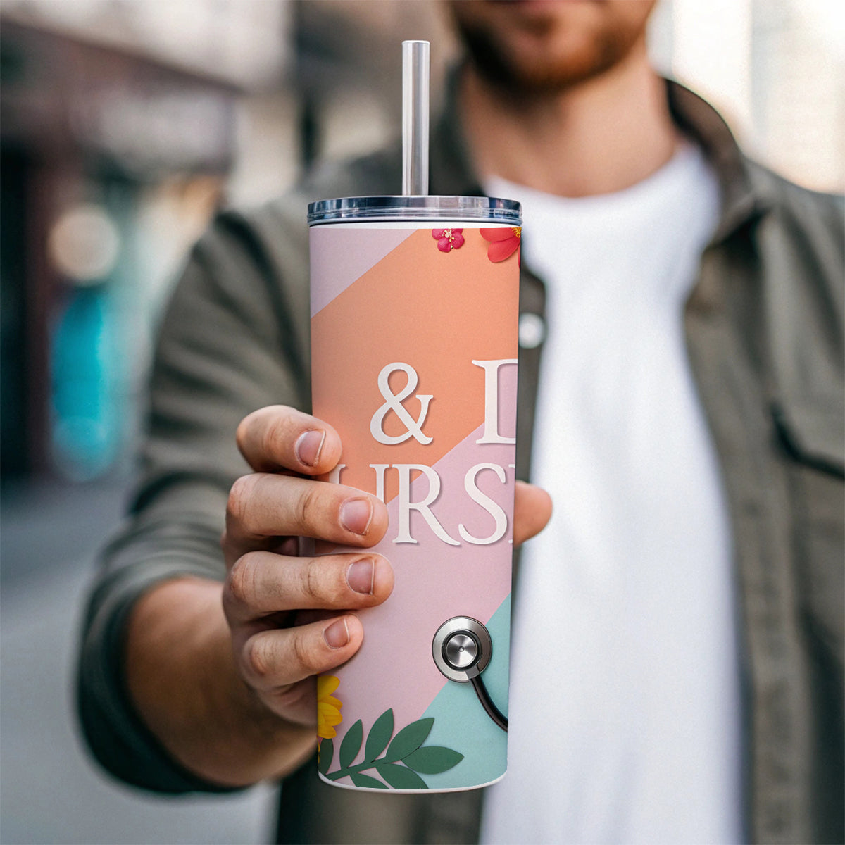 L & D Labor And Delivery Nurse Appreciation Stethoscope Flowers Skinny Tumbler 20oz with Straw Insulated Water Bottle Gift