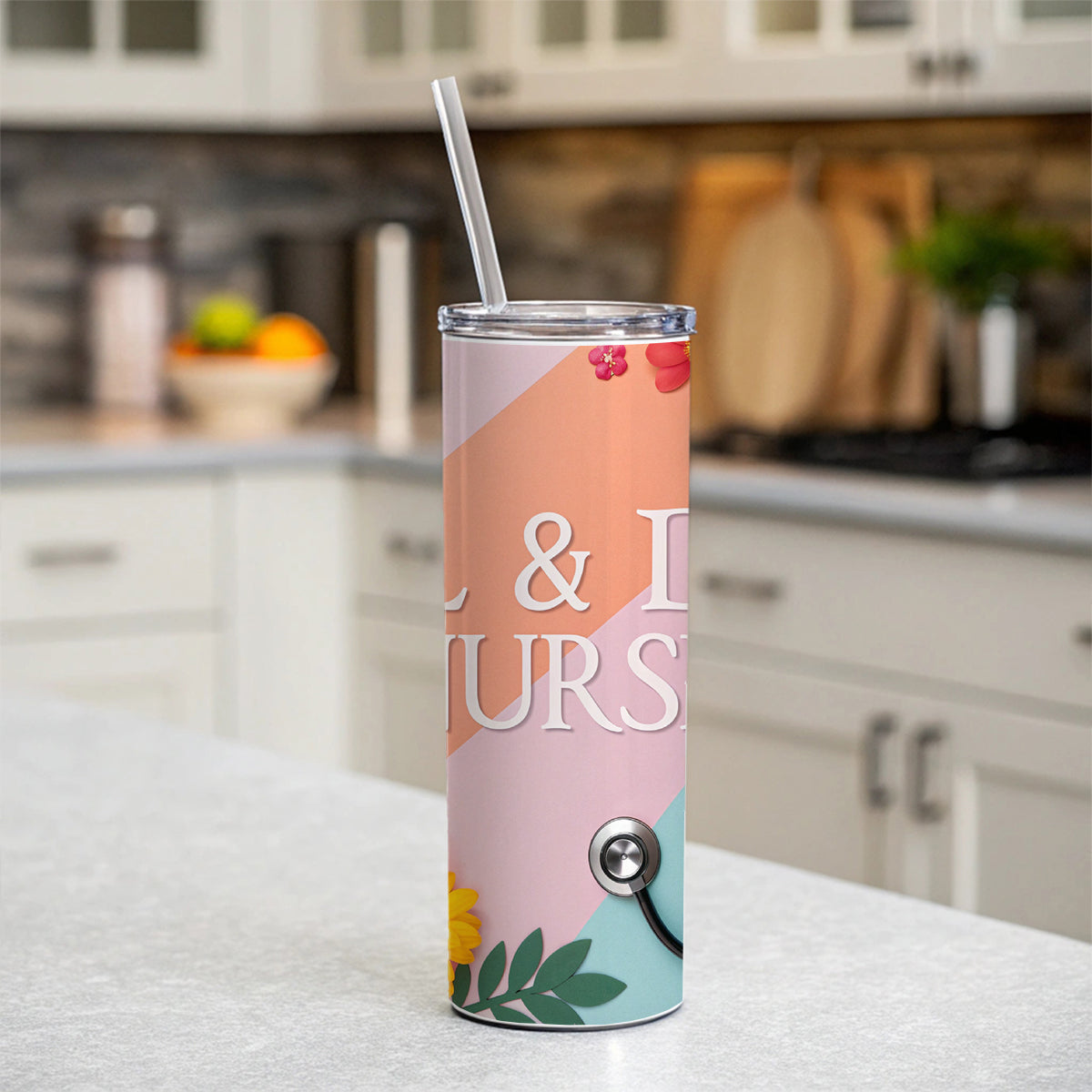 L & D Labor And Delivery Nurse Appreciation Stethoscope Flowers Skinny Tumbler 20oz with Straw Insulated Water Bottle Gift
