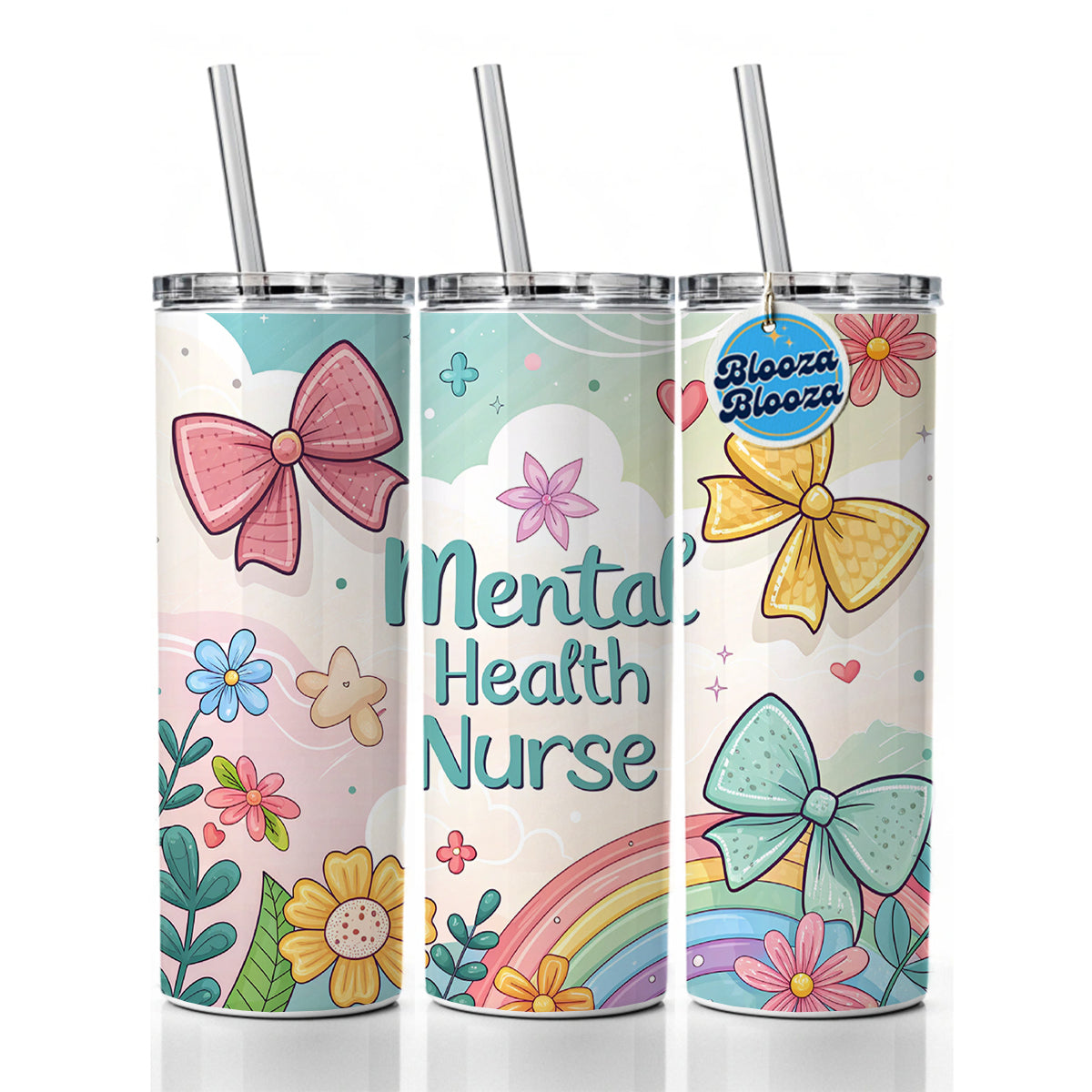 Mental Health Nurse Appreciation Coquette Bows Flowers Skinny Tumbler 20oz with Straw Insulated Water Bottle Gift