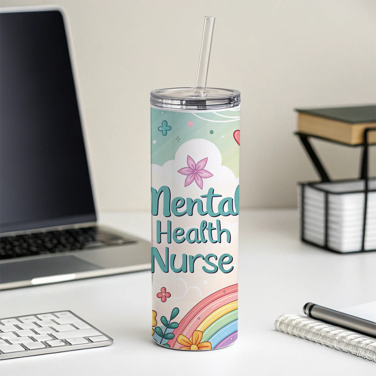 Mental Health Nurse Appreciation Coquette Bows Flowers Skinny Tumbler 20oz with Straw Insulated Water Bottle Gift