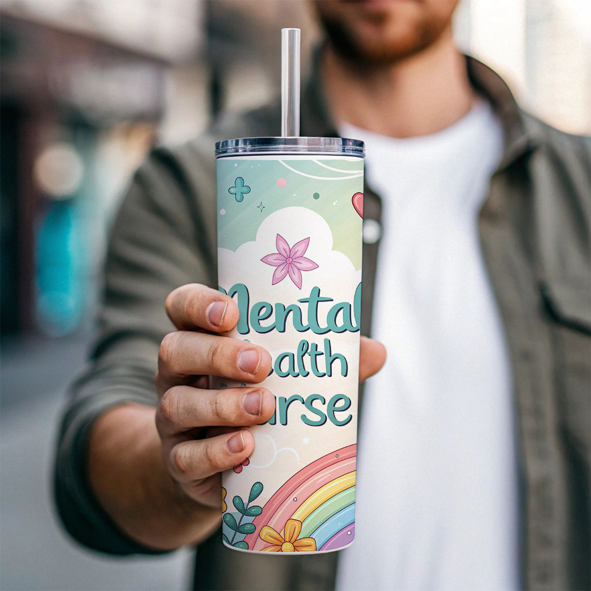 Mental Health Nurse Appreciation Coquette Bows Flowers Skinny Tumbler 20oz with Straw Insulated Water Bottle Gift
