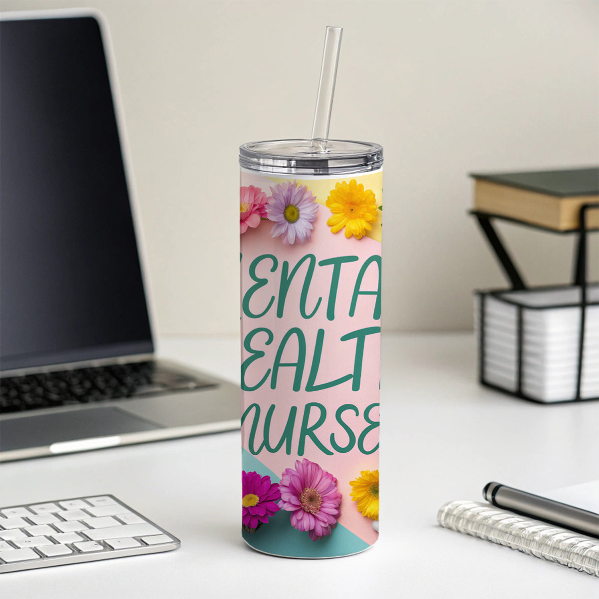 Mental Health Nurse Appreciation Stethoscope Flowers Skinny Tumbler 20oz with Straw Insulated Water Bottle Gift
