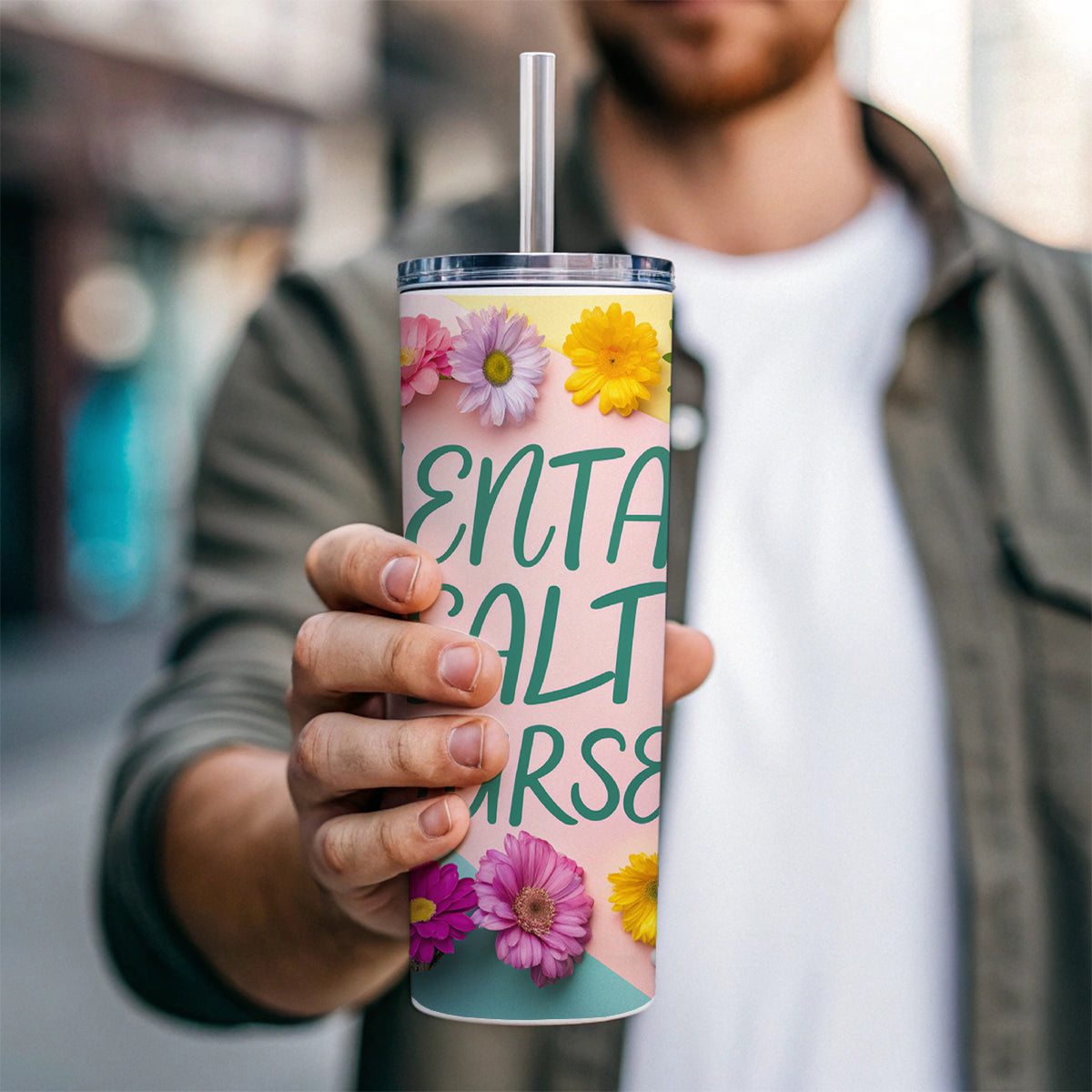 Mental Health Nurse Appreciation Stethoscope Flowers Skinny Tumbler 20oz with Straw Insulated Water Bottle Gift