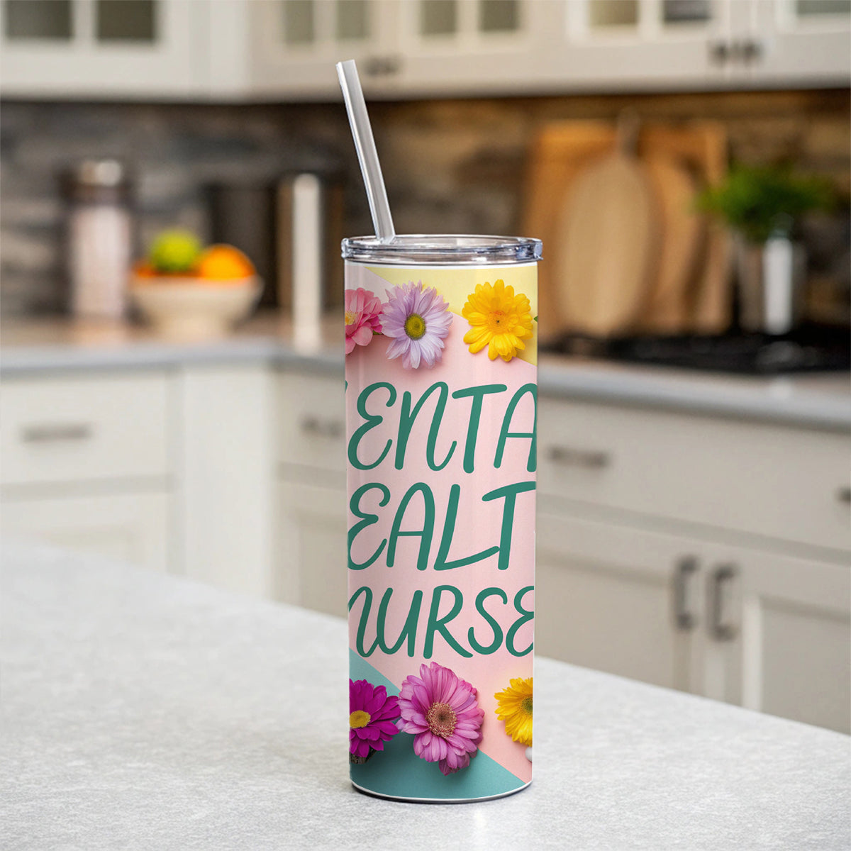 Mental Health Nurse Appreciation Stethoscope Flowers Skinny Tumbler 20oz with Straw Insulated Water Bottle Gift