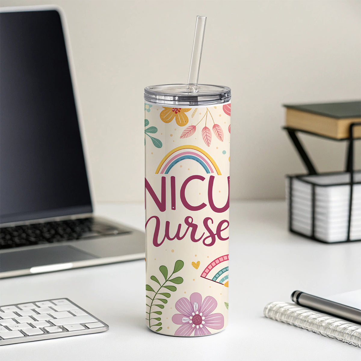 NICU Neonatal Nurse Appreciation Coquette Bows Flowers Skinny Tumbler 20oz with Straw Insulated Water Bottle Gift