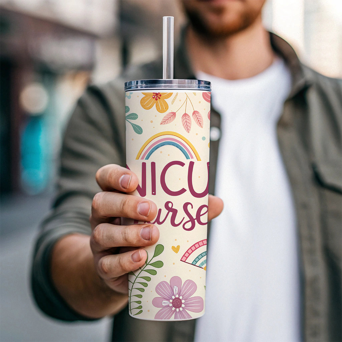 NICU Neonatal Nurse Appreciation Coquette Bows Flowers Skinny Tumbler 20oz with Straw Insulated Water Bottle Gift
