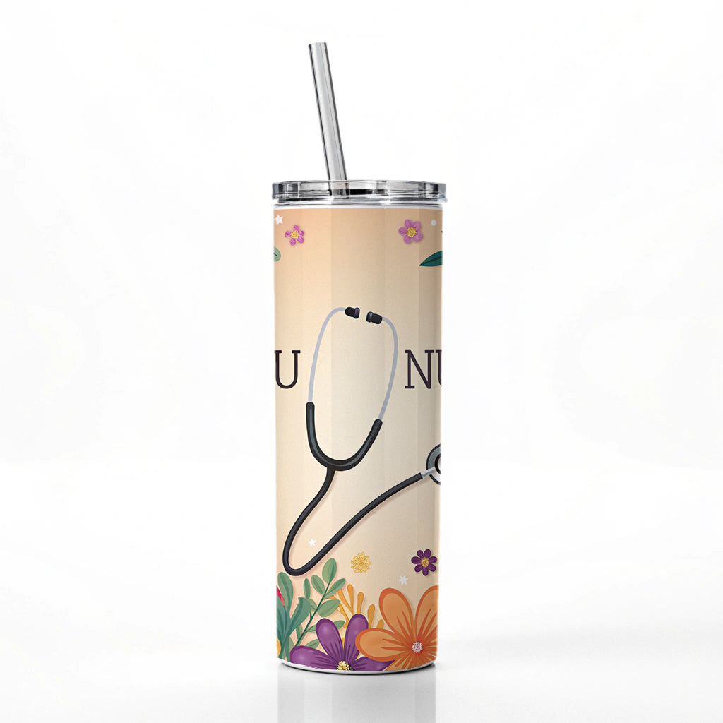 NICU Neonatal Nurse Appreciation Stethoscope Flowers Skinny Tumbler 20oz with Straw Insulated Water Bottle Gift
