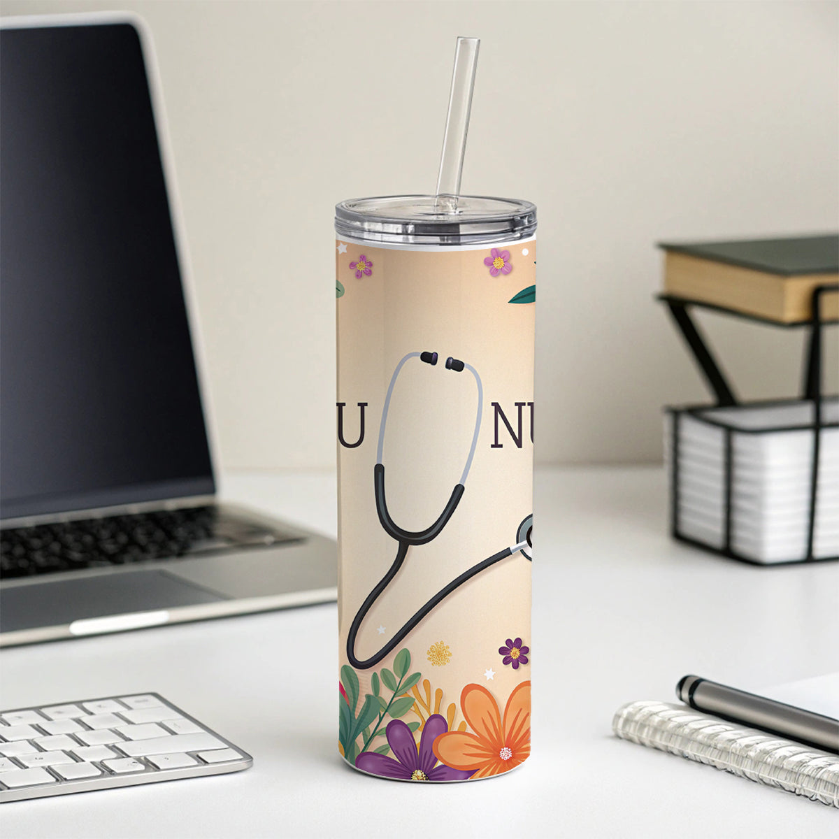 NICU Neonatal Nurse Appreciation Stethoscope Flowers Skinny Tumbler 20oz with Straw Insulated Water Bottle Gift
