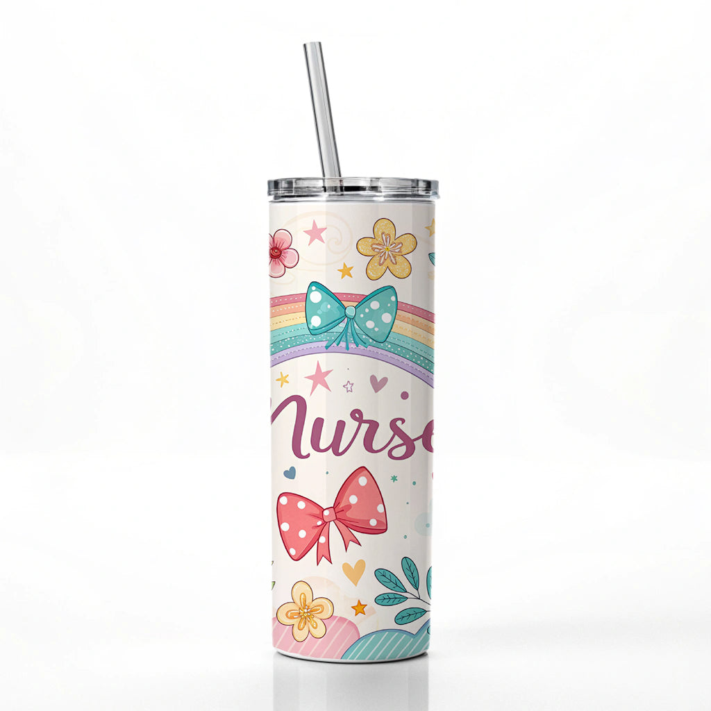 Nurse Appreciation Coquette Bows Flowers Skinny Tumbler 20oz with Straw Insulated Water Bottle Gift
