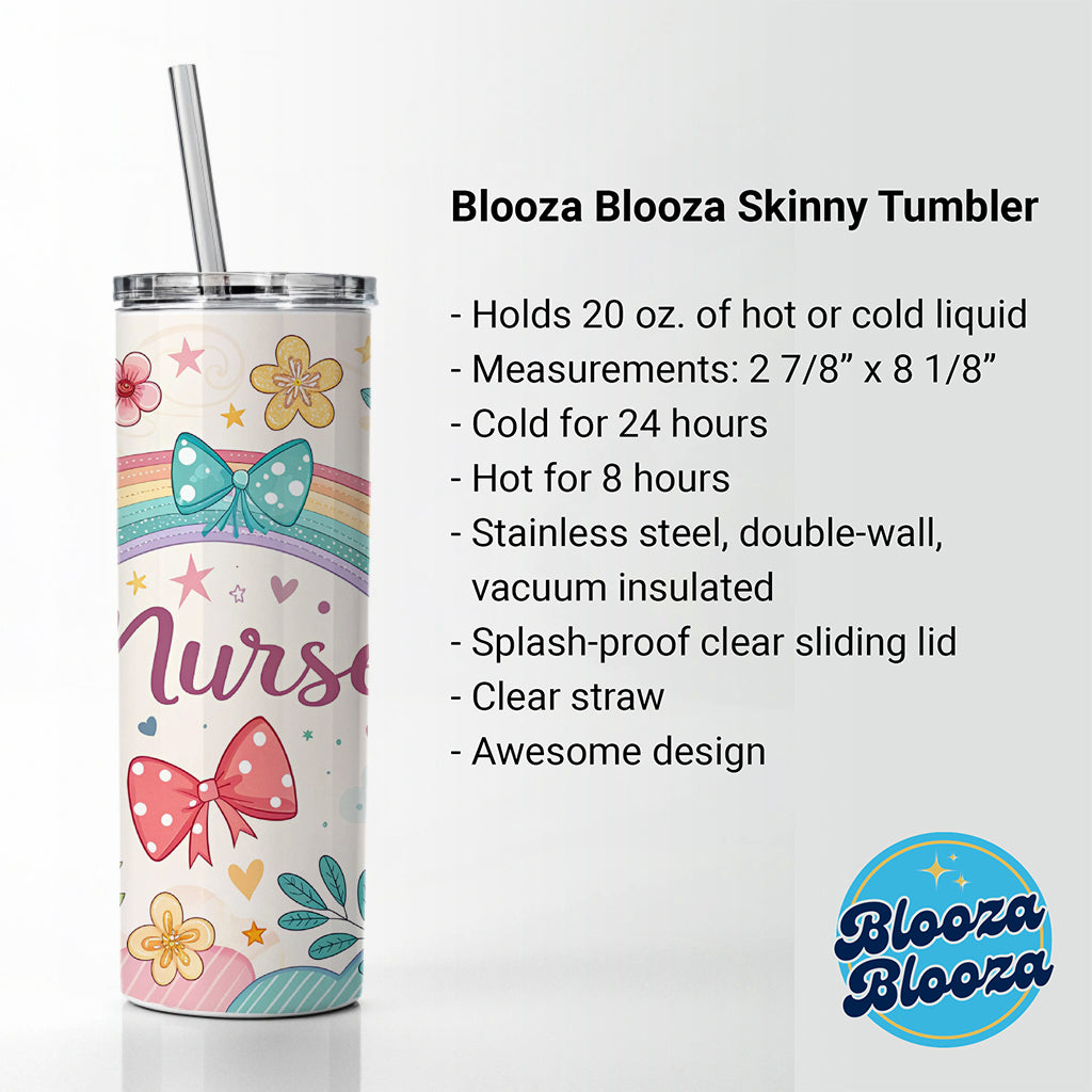 Nurse Appreciation Coquette Bows Flowers Skinny Tumbler 20oz with Straw Insulated Water Bottle Gift