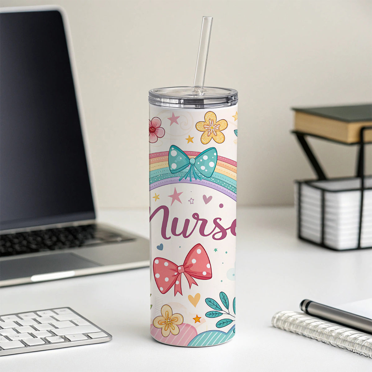 Nurse Appreciation Coquette Bows Flowers Skinny Tumbler 20oz with Straw Insulated Water Bottle Gift
