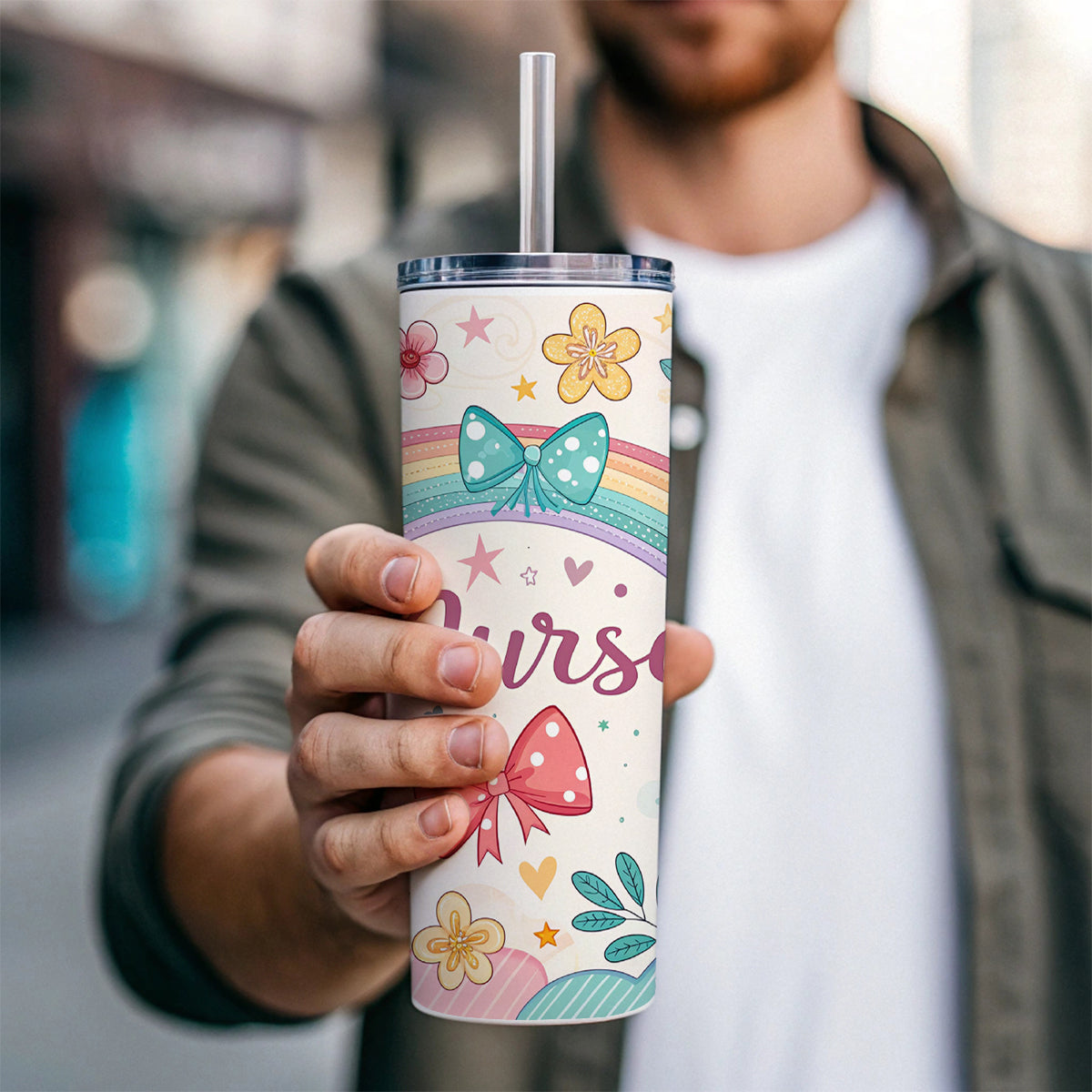 Nurse Appreciation Coquette Bows Flowers Skinny Tumbler 20oz with Straw Insulated Water Bottle Gift