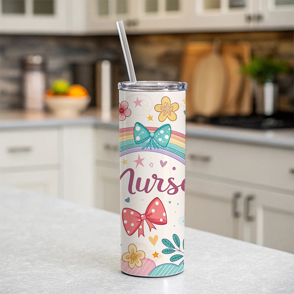 Nurse Appreciation Coquette Bows Flowers Skinny Tumbler 20oz with Straw Insulated Water Bottle Gift