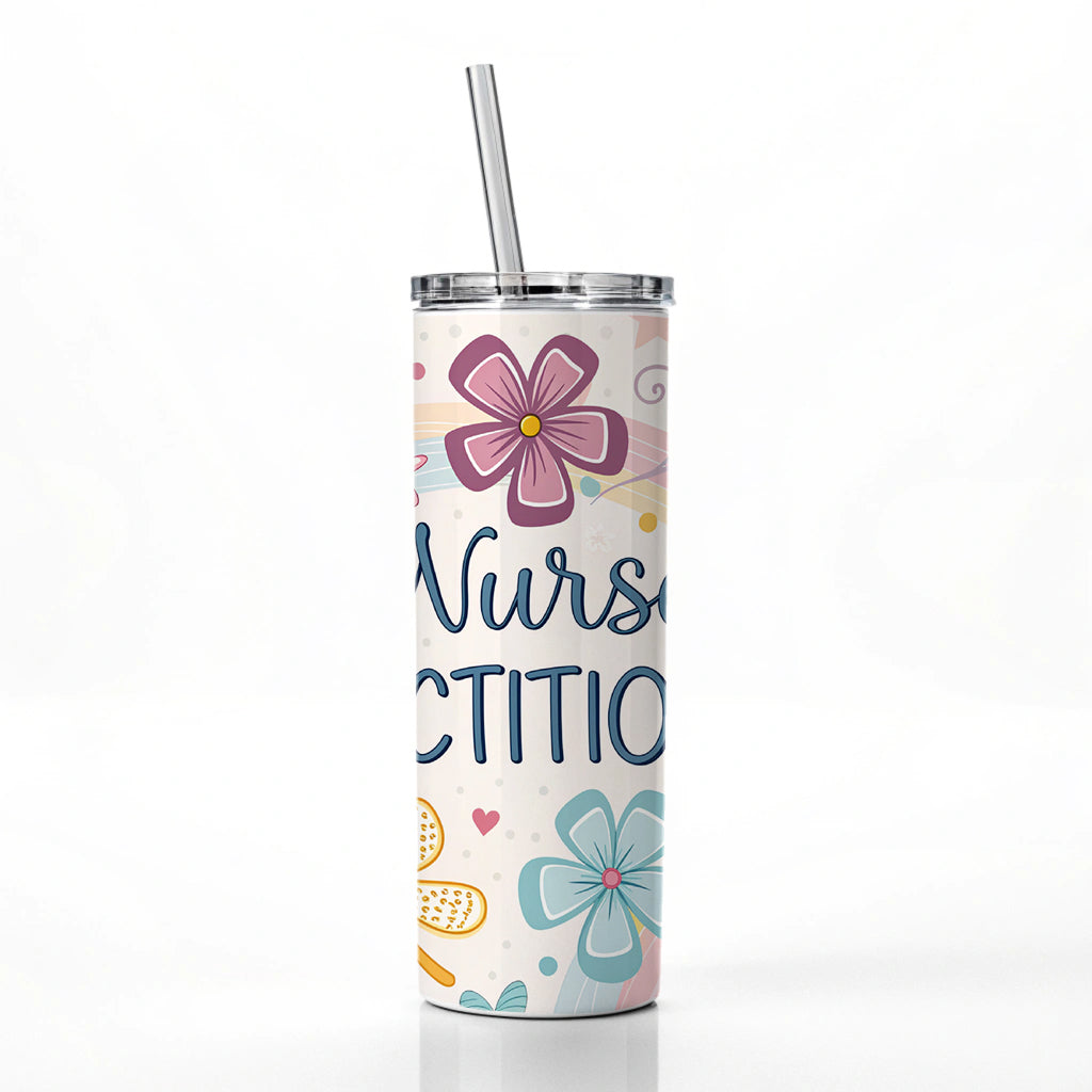 Nurse Practitioner Appreciation Coquette Bows Flowers Skinny Tumbler 20oz with Straw Insulated Water Bottle Gift