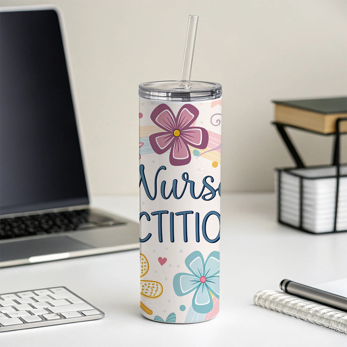 Nurse Practitioner Appreciation Coquette Bows Flowers Skinny Tumbler 20oz with Straw Insulated Water Bottle Gift