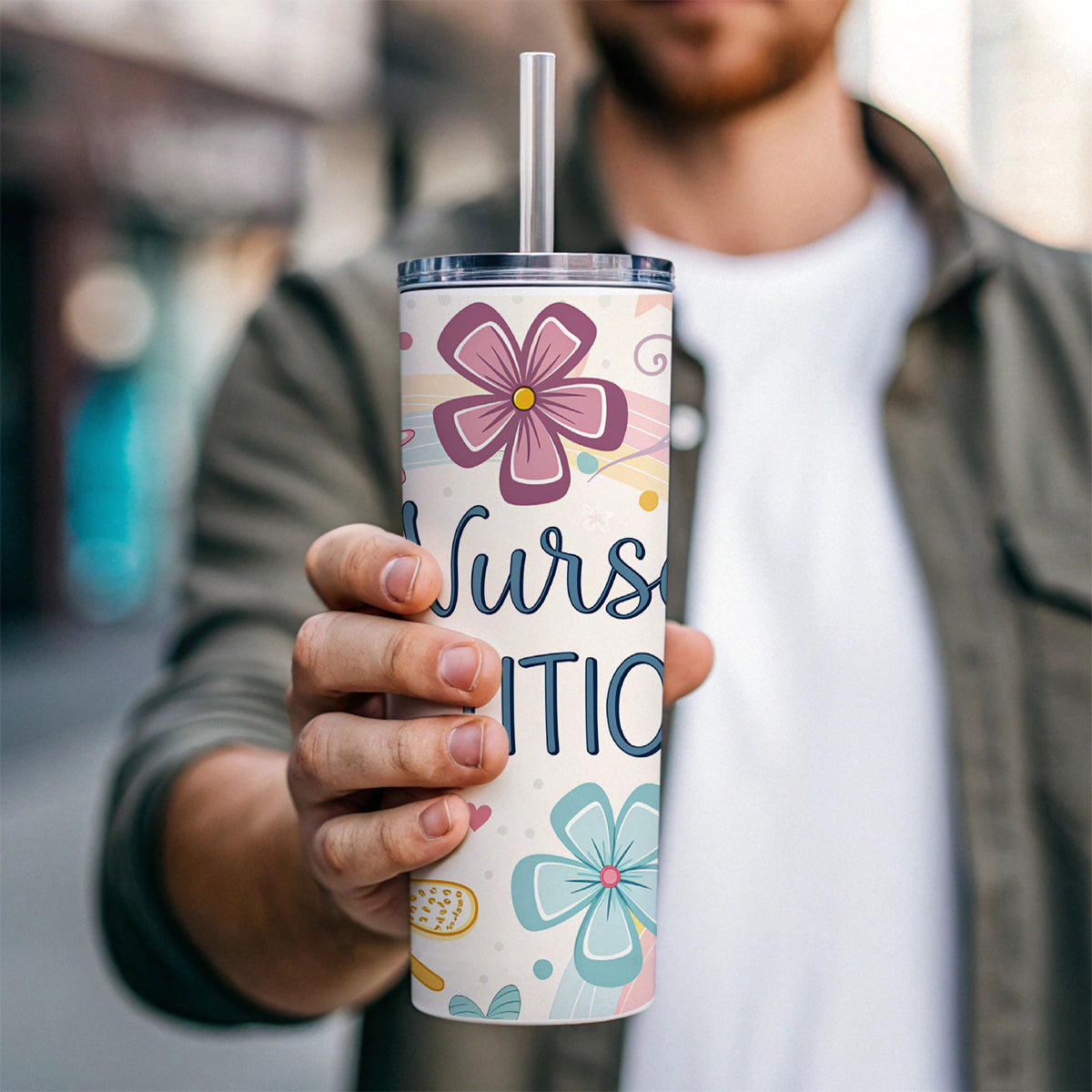 Nurse Practitioner Appreciation Coquette Bows Flowers Skinny Tumbler 20oz with Straw Insulated Water Bottle Gift
