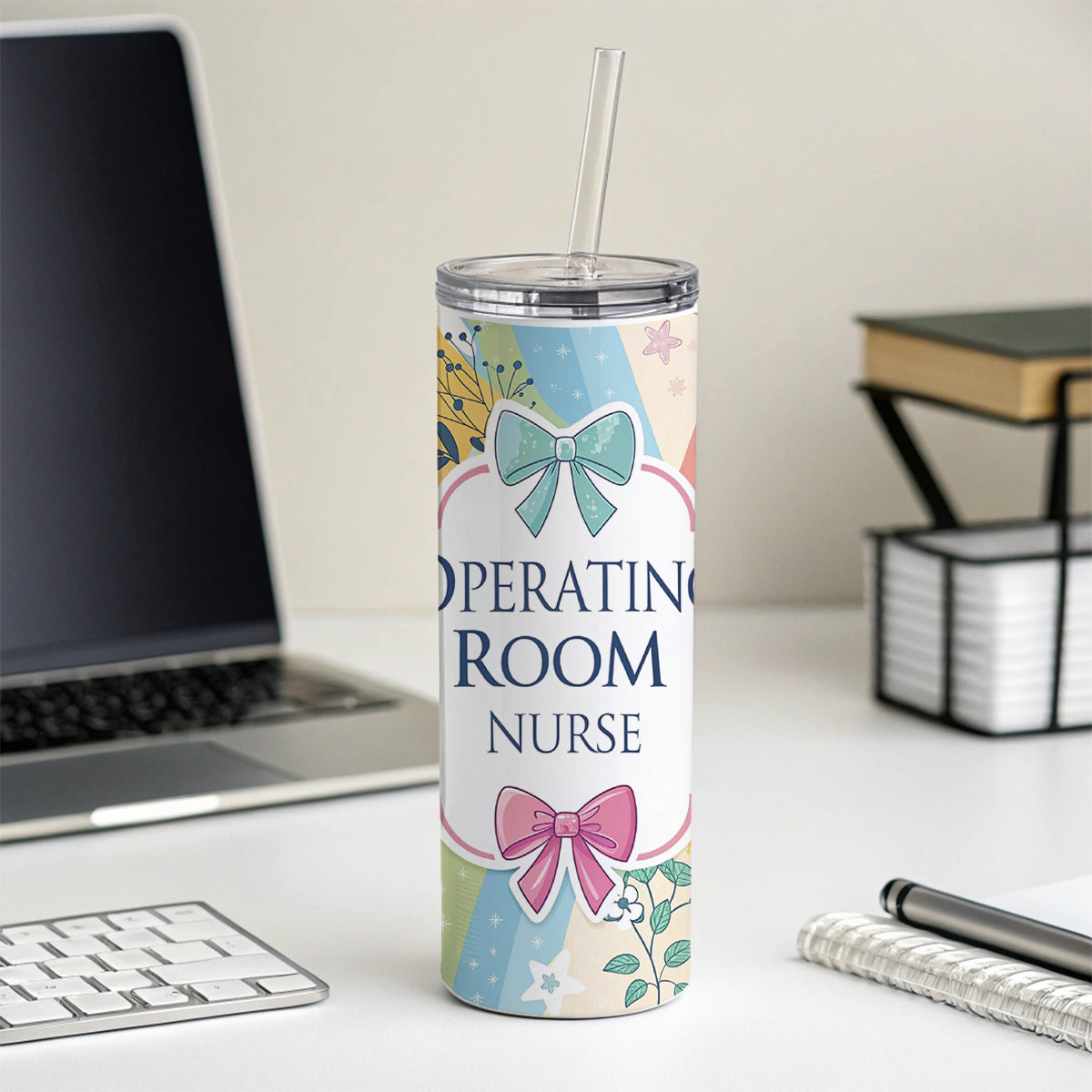 Operating Room Nurse Appreciation Coquette Bows Flowers Skinny Tumbler 20oz with Straw Insulated Water Bottle Gift