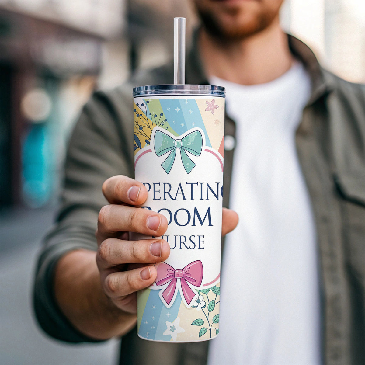 Operating Room Nurse Appreciation Coquette Bows Flowers Skinny Tumbler 20oz with Straw Insulated Water Bottle Gift
