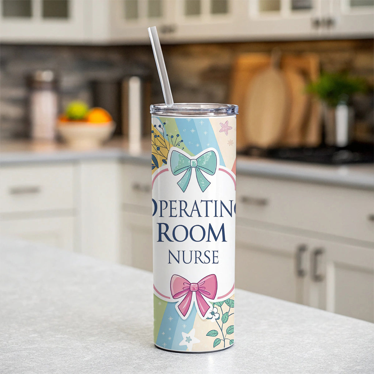 Operating Room Nurse Appreciation Coquette Bows Flowers Skinny Tumbler 20oz with Straw Insulated Water Bottle Gift