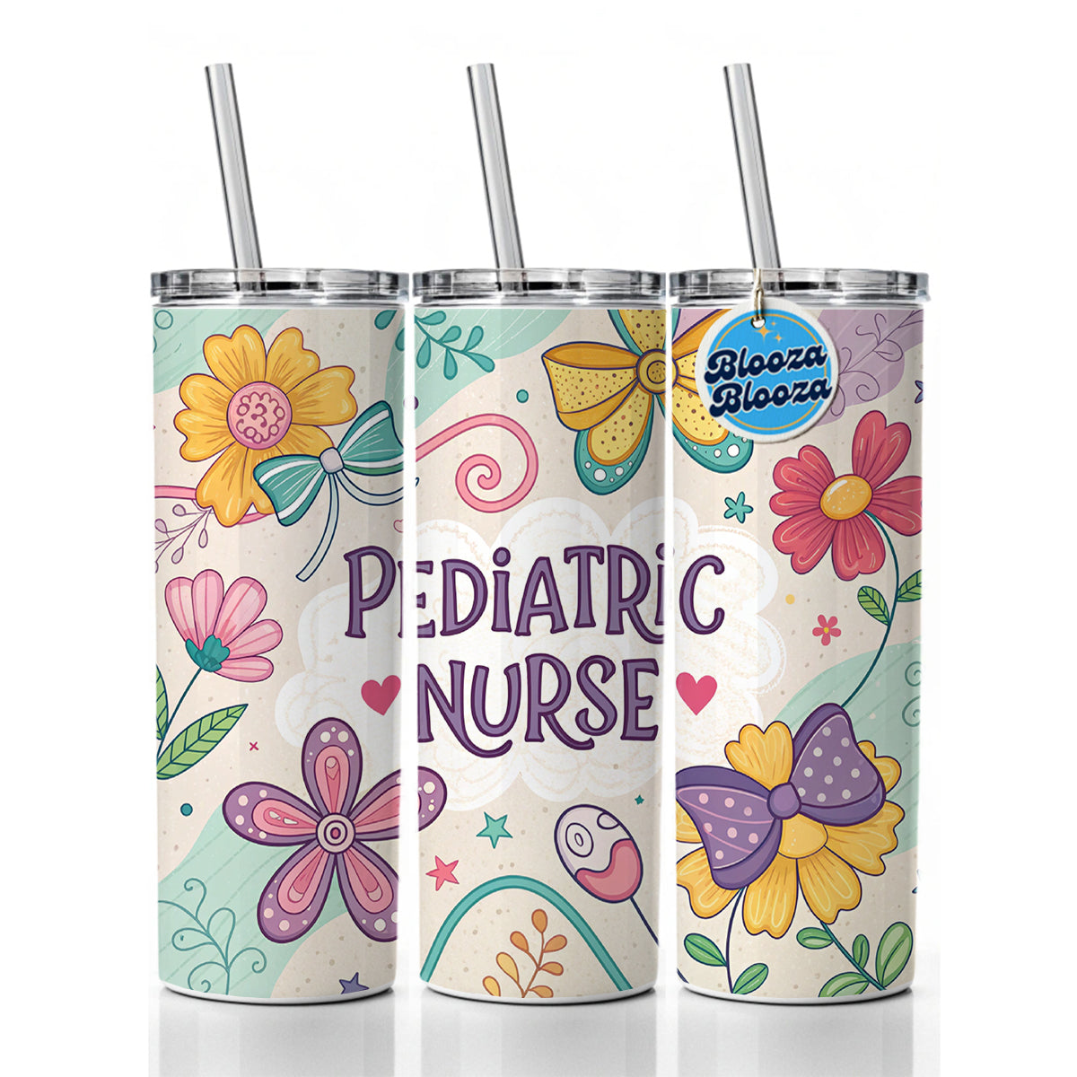 Pediatric Nurse Appreciation Coquette Bows Flowers Skinny Tumbler 20oz with Straw Insulated Water Bottle Gift