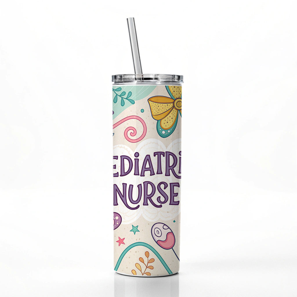 Pediatric Nurse Appreciation Coquette Bows Flowers Skinny Tumbler 20oz with Straw Insulated Water Bottle Gift