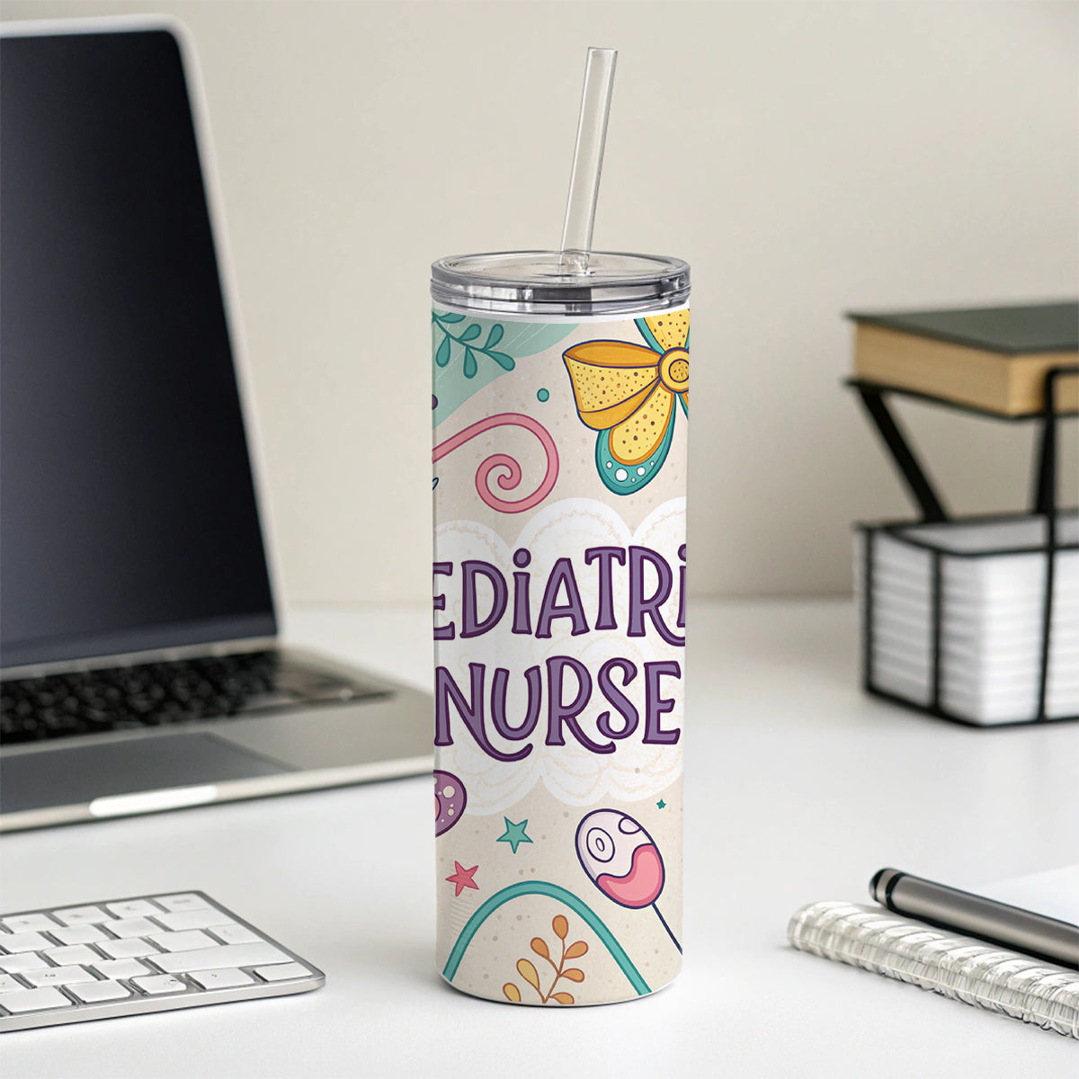 Pediatric Nurse Appreciation Coquette Bows Flowers Skinny Tumbler 20oz with Straw Insulated Water Bottle Gift