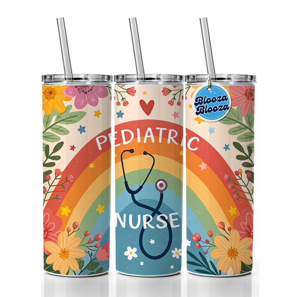 Pediatric Nurse Appreciation Stethoscope Flowers Skinny Tumbler 20oz with Straw Insulated Water Bottle Gift