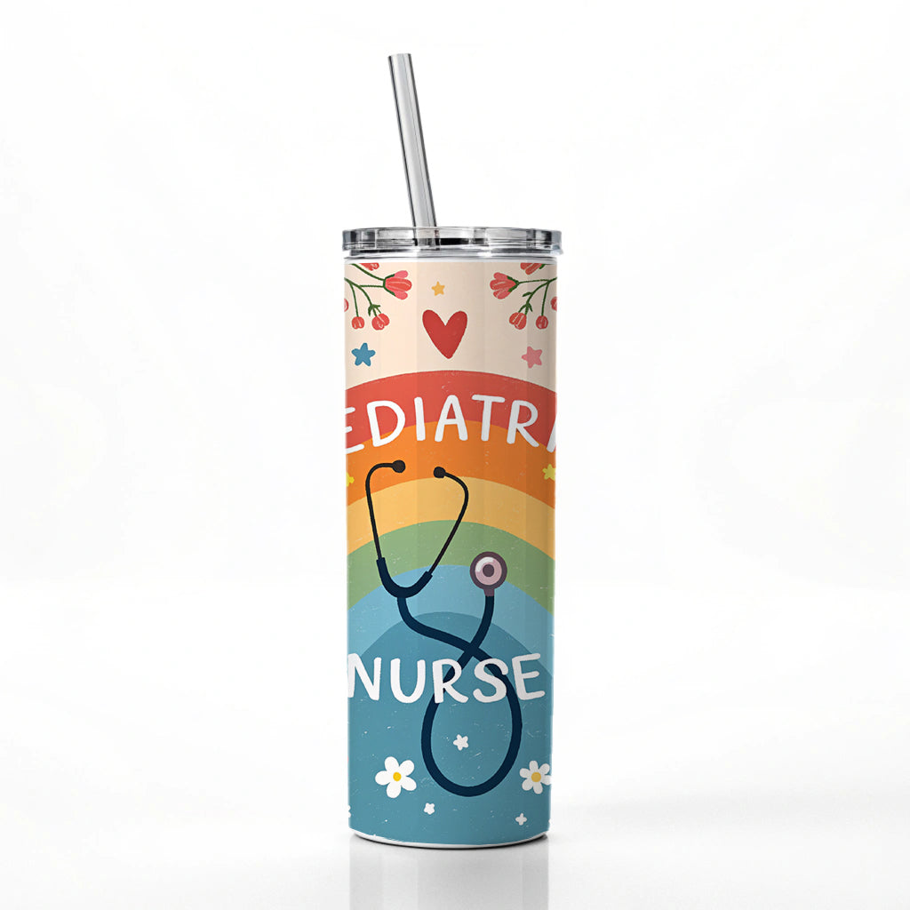 Pediatric Nurse Appreciation Stethoscope Flowers Skinny Tumbler 20oz with Straw Insulated Water Bottle Gift