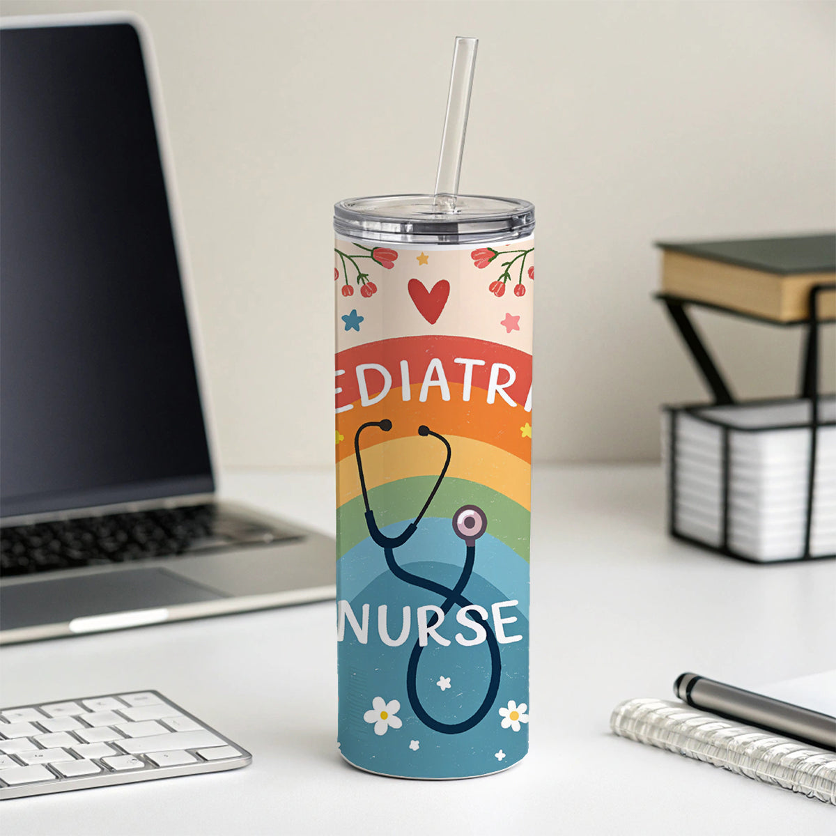 Pediatric Nurse Appreciation Stethoscope Flowers Skinny Tumbler 20oz with Straw Insulated Water Bottle Gift