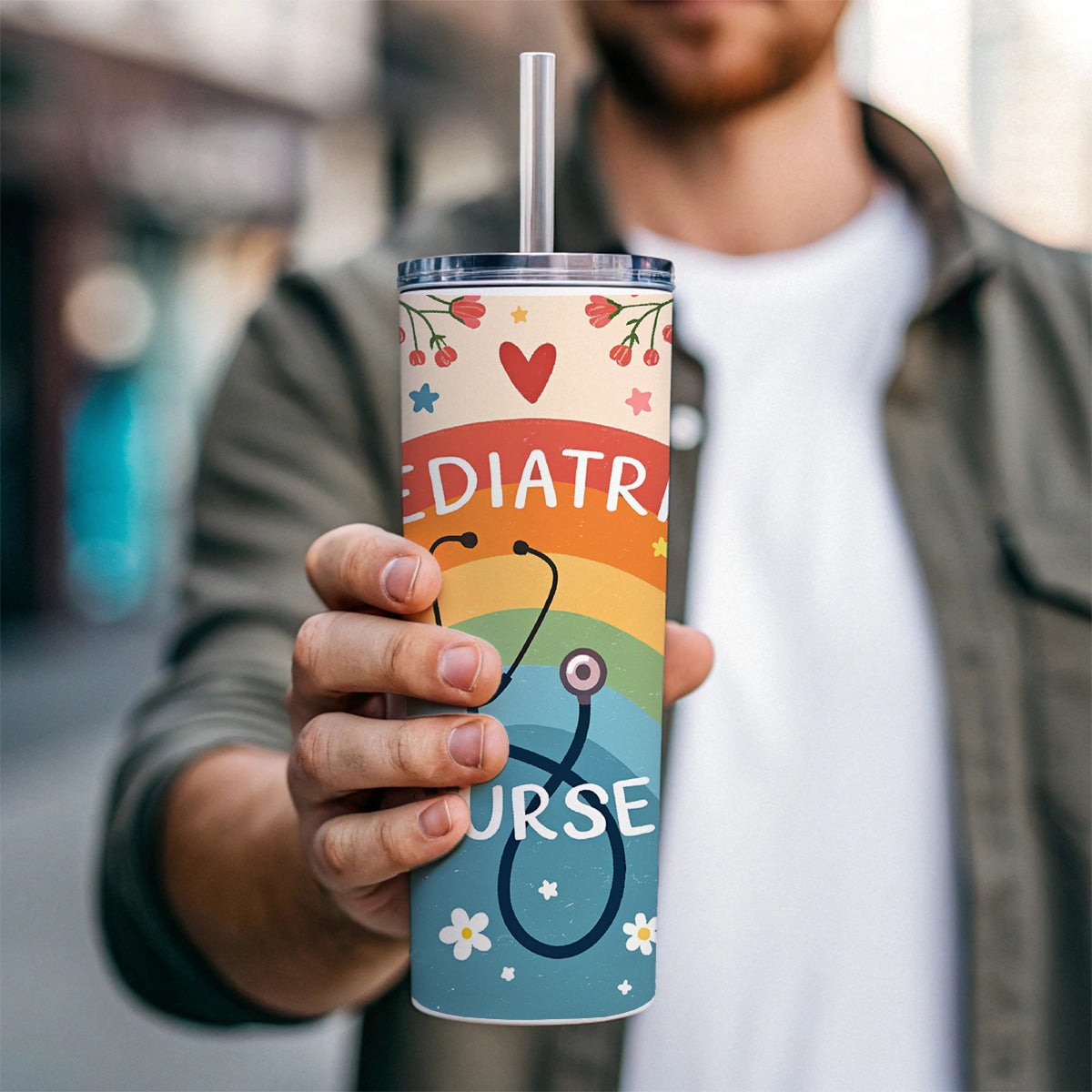 Pediatric Nurse Appreciation Stethoscope Flowers Skinny Tumbler 20oz with Straw Insulated Water Bottle Gift