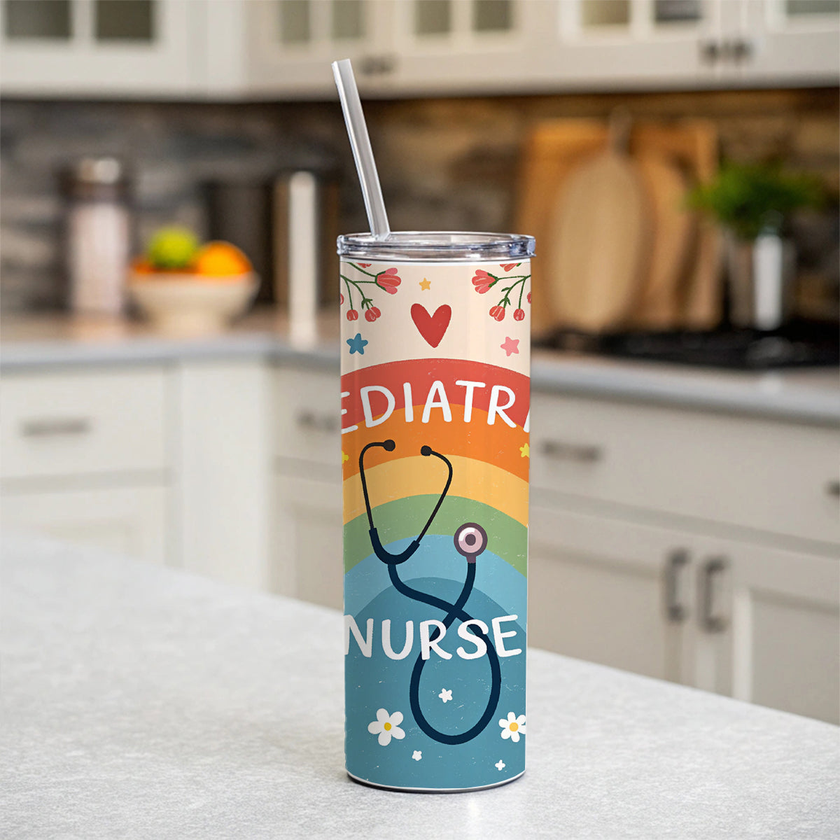 Pediatric Nurse Appreciation Stethoscope Flowers Skinny Tumbler 20oz with Straw Insulated Water Bottle Gift