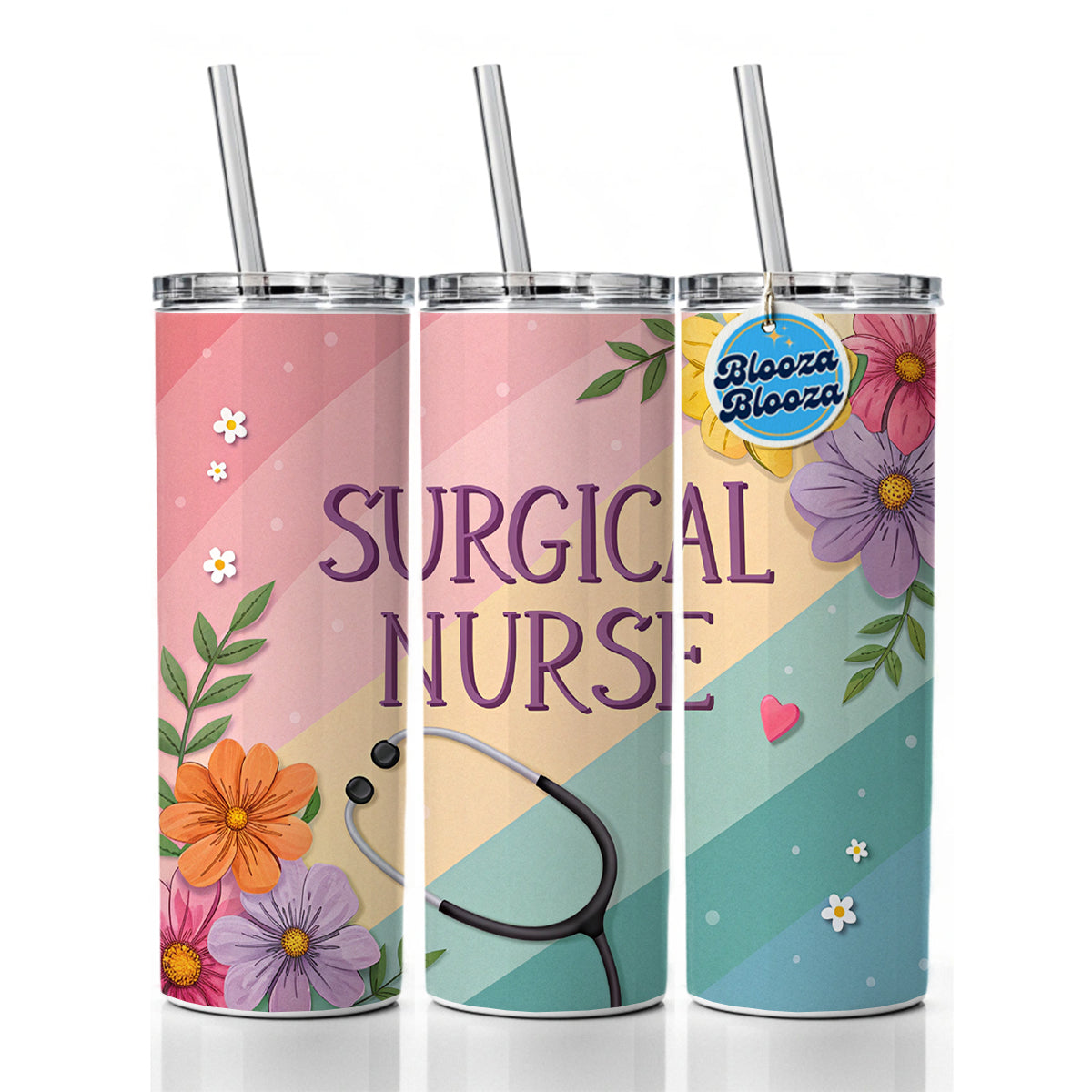 Surgical Nurse Appreciation Stethoscope Flowers Skinny Tumbler 20oz with Straw Insulated Water Bottle Gift