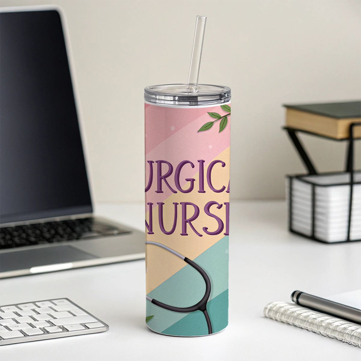 Surgical Nurse Appreciation Stethoscope Flowers Skinny Tumbler 20oz with Straw Insulated Water Bottle Gift