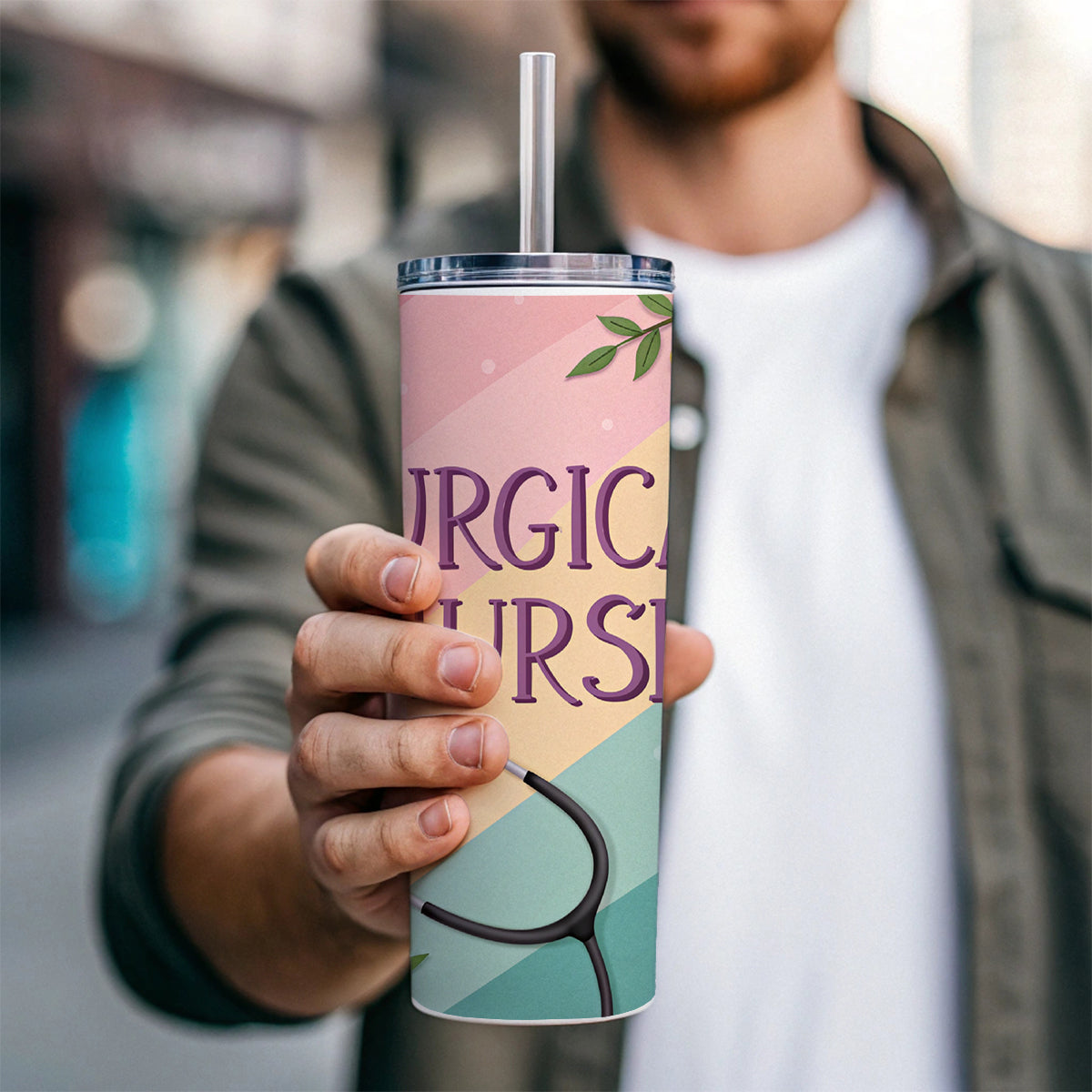 Surgical Nurse Appreciation Stethoscope Flowers Skinny Tumbler 20oz with Straw Insulated Water Bottle Gift
