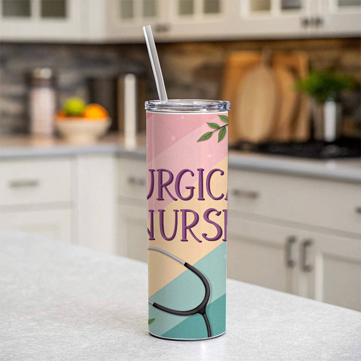 Surgical Nurse Appreciation Stethoscope Flowers Skinny Tumbler 20oz with Straw Insulated Water Bottle Gift